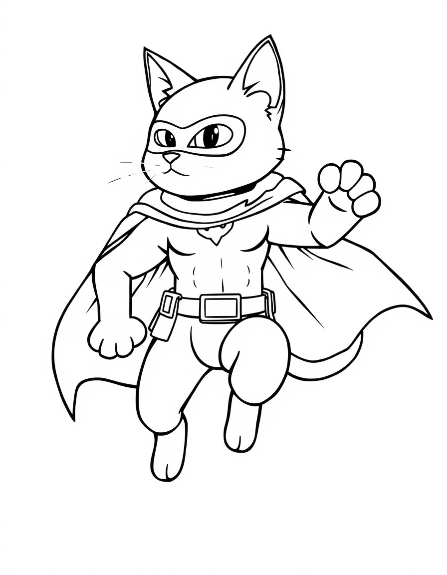 "A black and white outline coloring page of a cat superhero. The cat has a sleek, muscular body, wearing a dynamic superhero costume with a cape, mask, and utility belt. It is in an action pose, leapi