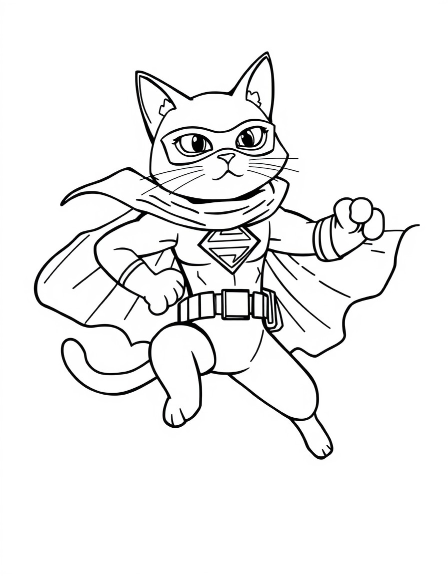 "A black and white outline coloring page of a cat superhero. The cat has a sleek, muscular body, wearing a dynamic superhero costume with a cape, mask, and utility belt. It is in an action pose, leapi