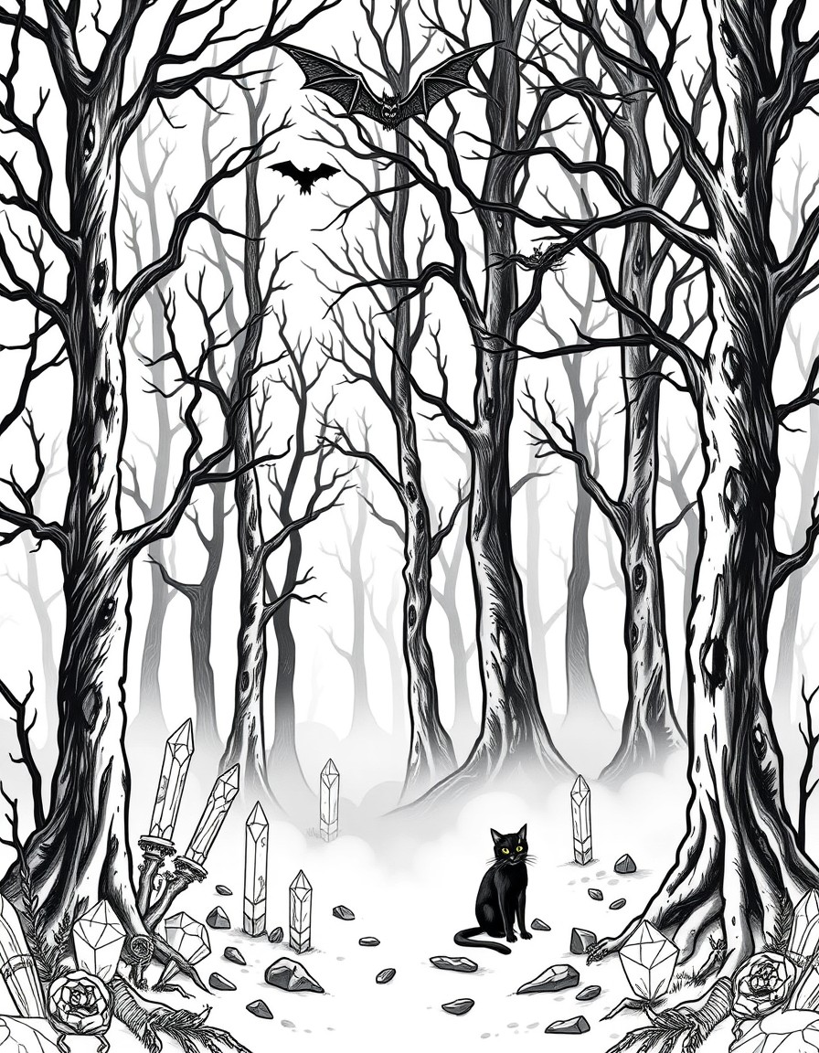 Dark Gothic forest with fog on the ground with a witch cat bat and crystals