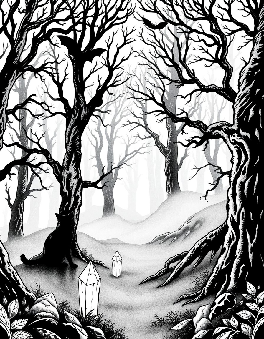 Dark Gothic forest with fog on the ground with a witch cat bat and crystals