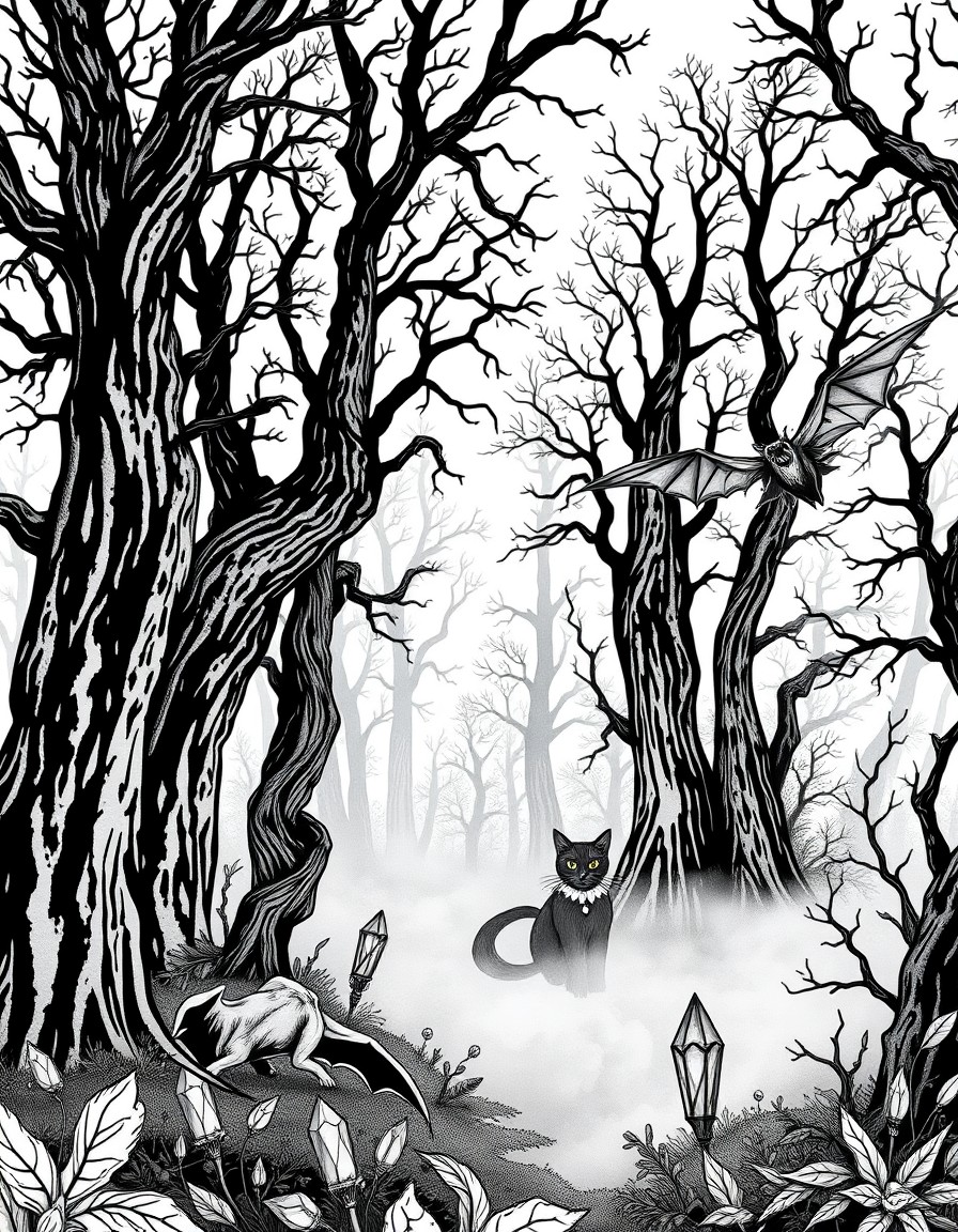 Dark Gothic forest with fog on the ground with a witch cat bat and crystals