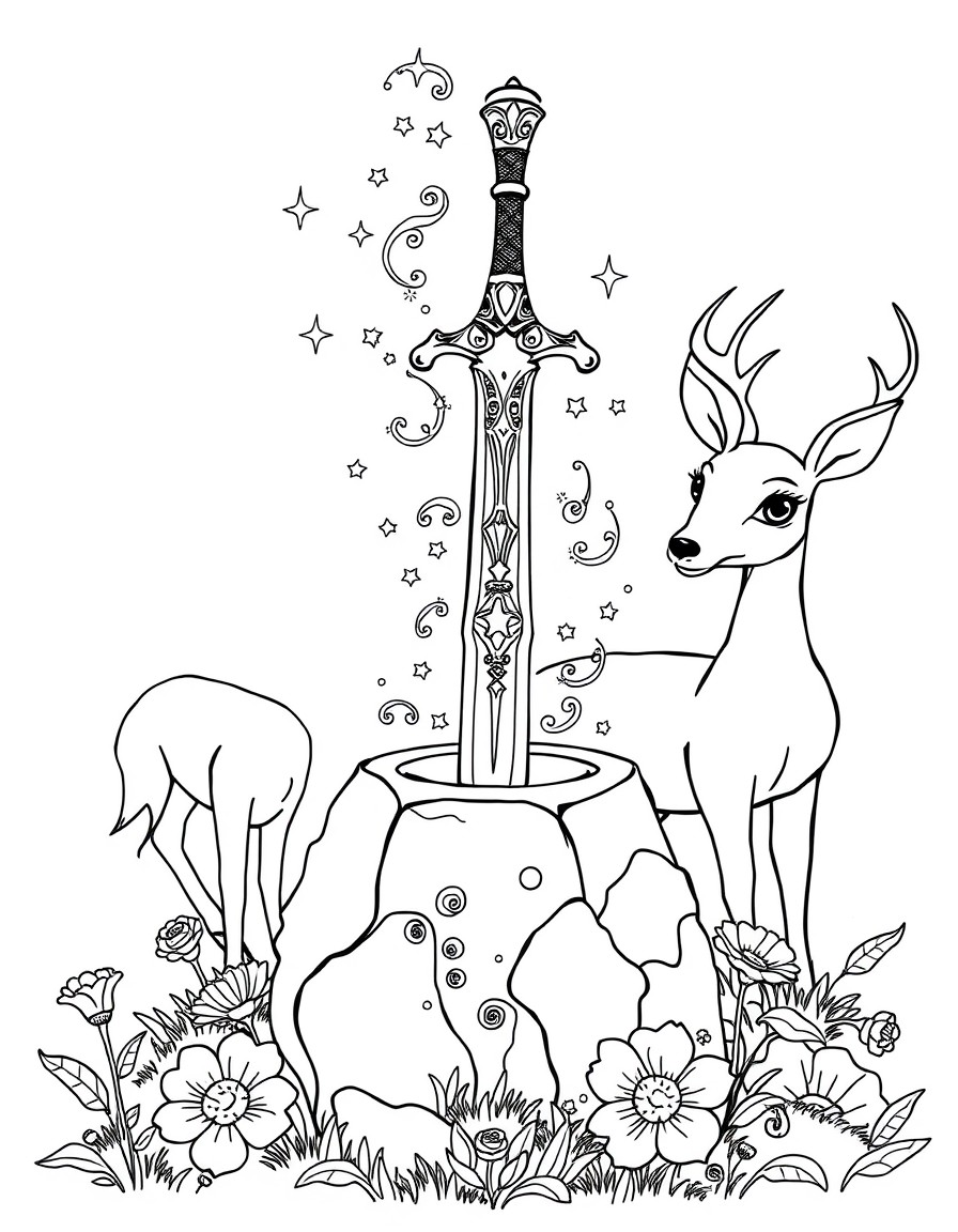 Centerpiece A magical sword in a stone  with sparkles, swirls, and maybe some little stars around it to give it that enchanted look. 		Surroundings 		Two deer nearby, one peeking from behind a flower