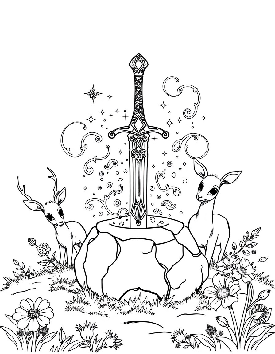 Centerpiece A magical sword in a stone  with sparkles, swirls, and maybe some little stars around it to give it that enchanted look. 		Surroundings 		Two deer nearby, one peeking from behind a flower