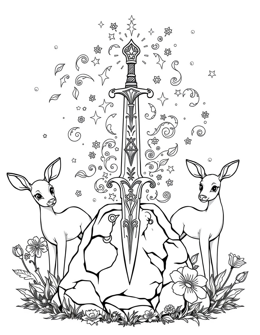 Centerpiece A magical sword in a stone  with sparkles, swirls, and maybe some little stars around it to give it that enchanted look. 		Surroundings 		Two deer nearby, one peeking from behind a flower