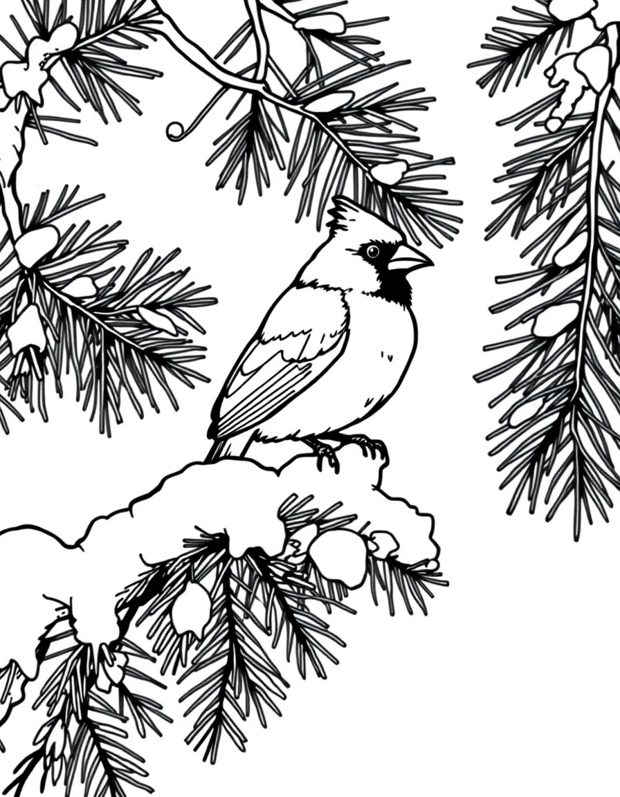 A cardinal sitting on a snow covered pine tree limb