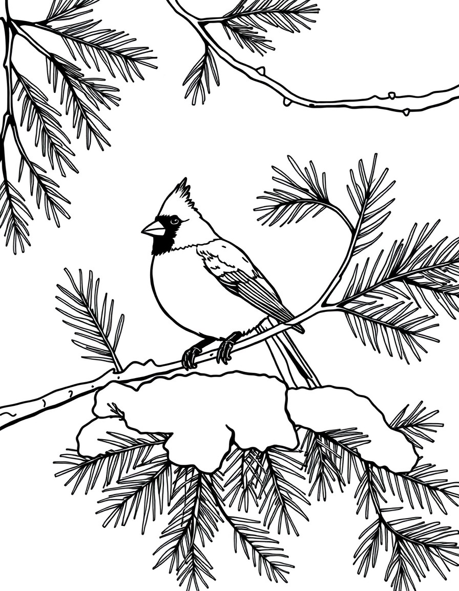 A cardinal sitting on a snow covered pine tree limb