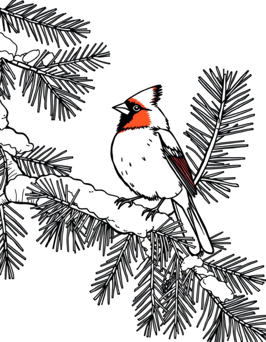 A cardinal sitting on a snow covered pine tree limb