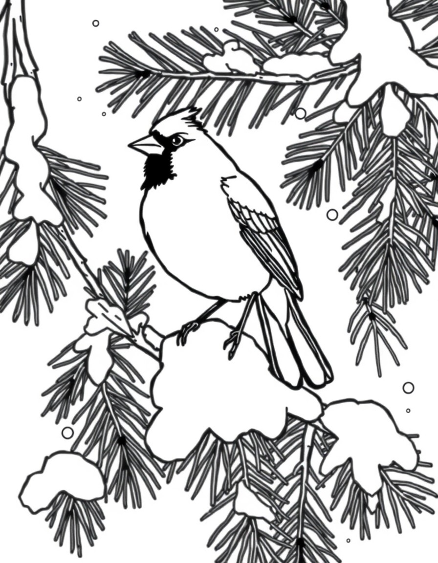 A cardinal sitting on a snow covered pine tree limb