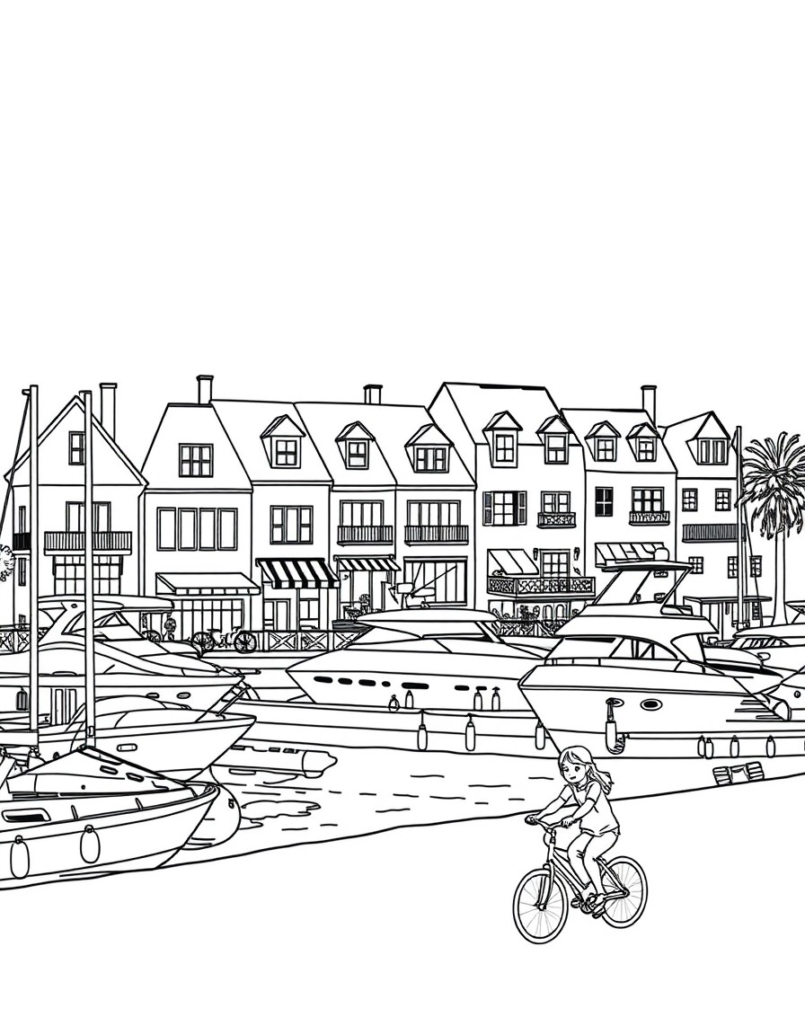 Houses along the beach with yachts parked in the marina, shops and children traveling with skates and bicycles