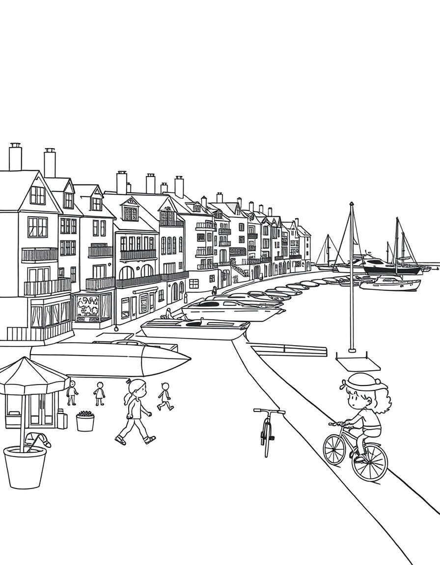 Houses along the beach with yachts parked in the marina, shops and children traveling with skates and bicycles