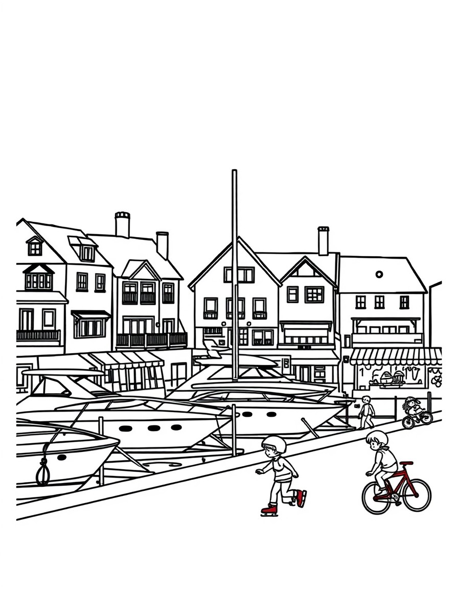 Houses along the beach with yachts parked in the marina, shops and children traveling with skates and bicycles