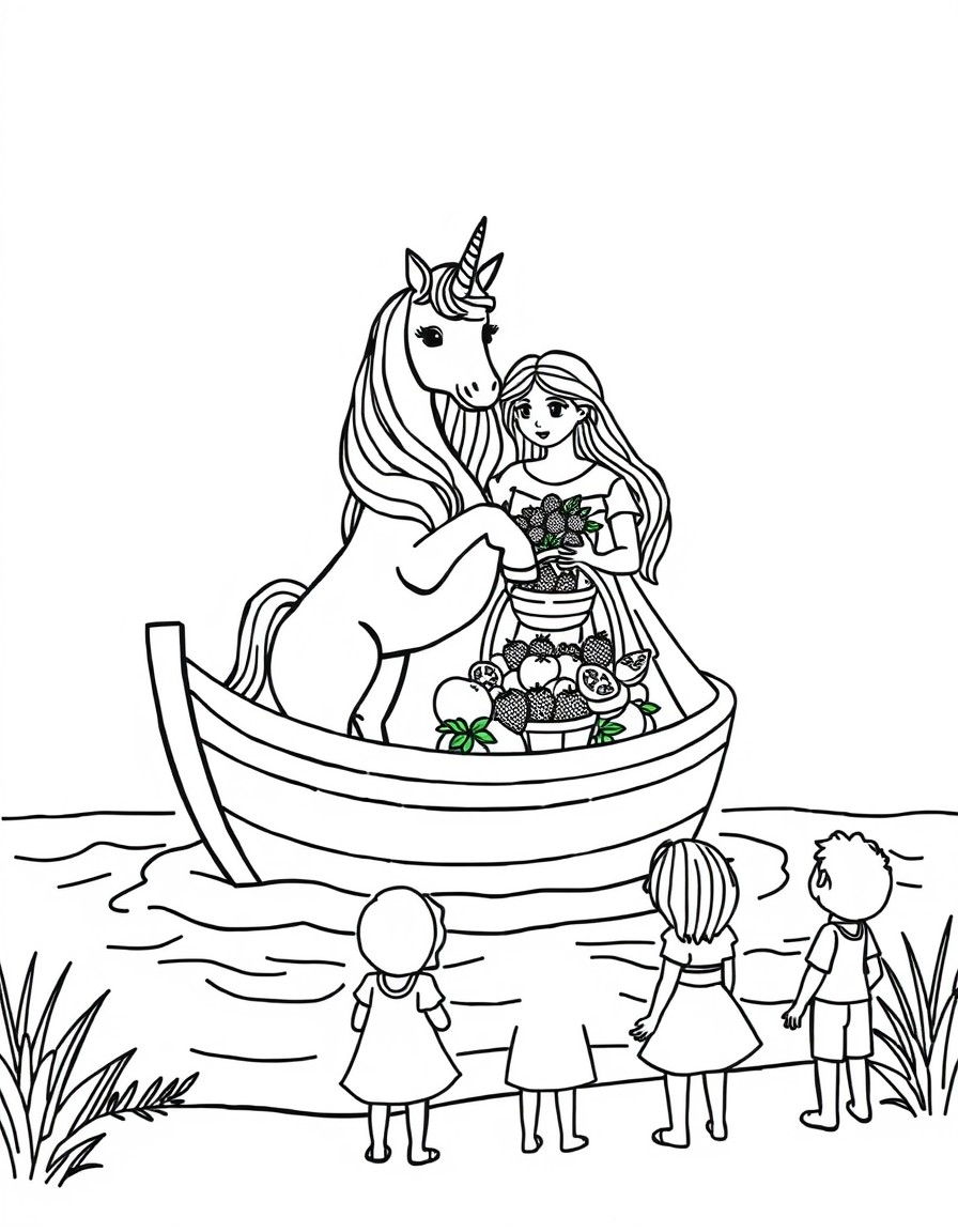 A unicorn and princesses are standing inside a boat, holding a basket of citrus fruits and strawberries, children are standing on the shore and looking at the boat