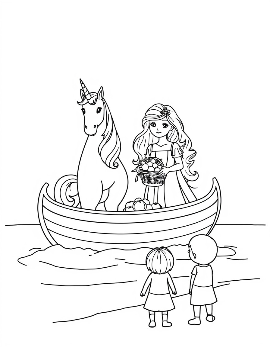 A unicorn and princesses are standing inside a boat, holding a basket of citrus fruits and strawberries, children are standing on the shore and looking at the boat