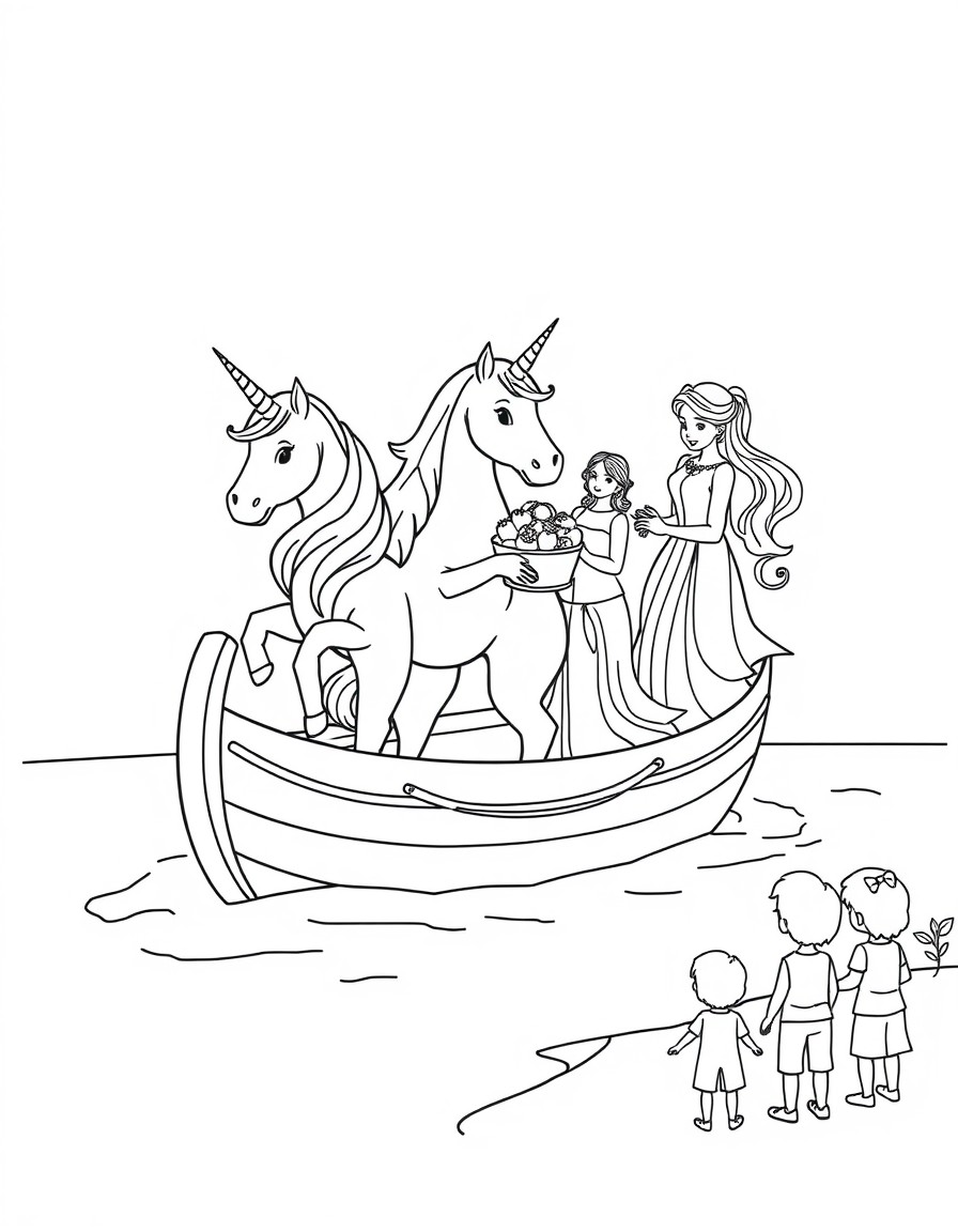 A unicorn and princesses are standing inside a boat, holding a basket of citrus fruits and strawberries, children are standing on the shore and looking at the boat