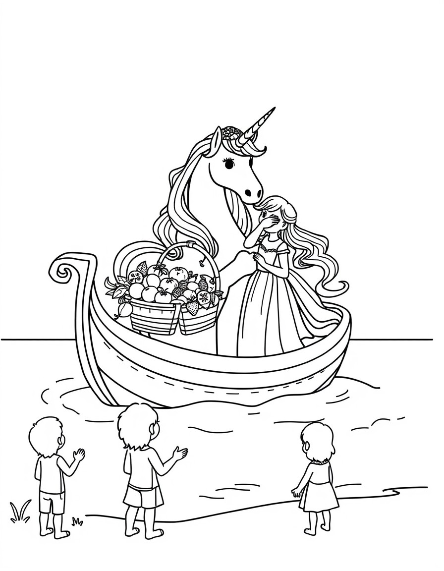 A unicorn and princesses are standing inside a boat, holding a basket of citrus fruits and strawberries, children are standing on the shore and looking at the boat