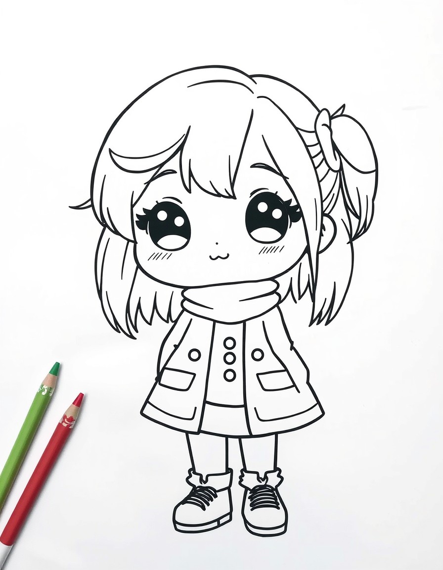 Cute kawaii girl with a set of outfit options to be cut of the paper and tried on