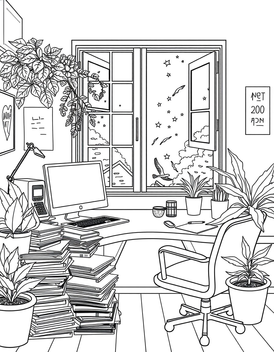 BW coloring book page, a cozy office full desk stacks of papers, laptop computer, phones, hot coffee, plants, open window
