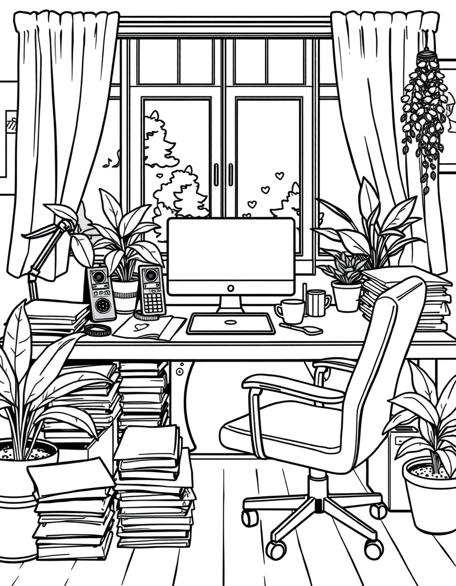 BW coloring book page, a cozy office full desk stacks of papers, laptop computer, phones, hot coffee, plants, open window