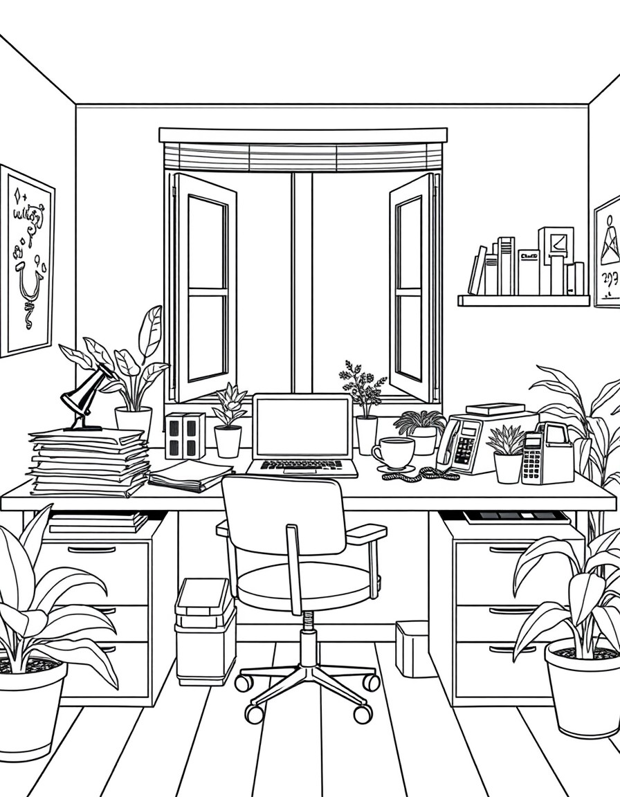 BW coloring book page, a cozy office full desk stacks of papers, laptop computer, phones, hot coffee, plants, open window