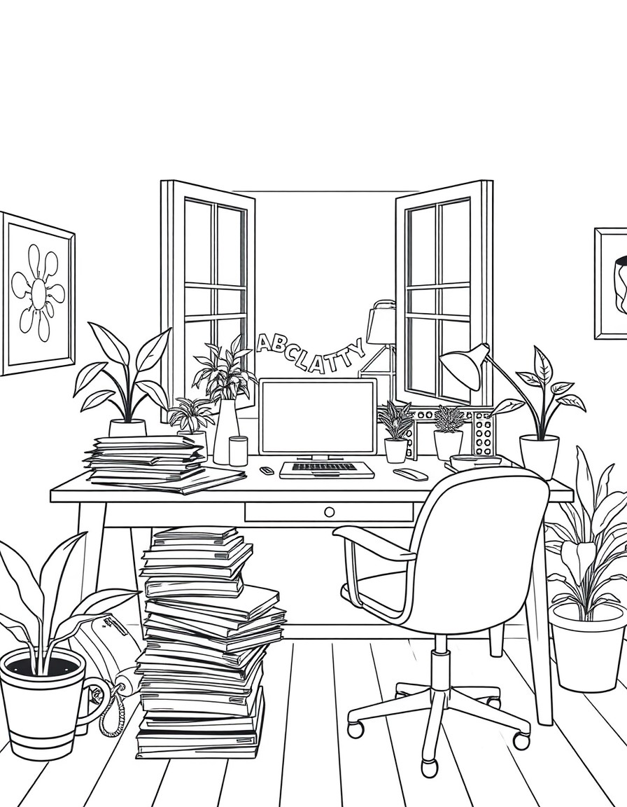 BW coloring book page, a cozy office full desk stacks of papers, laptop computer, phones, hot coffee, plants, open window