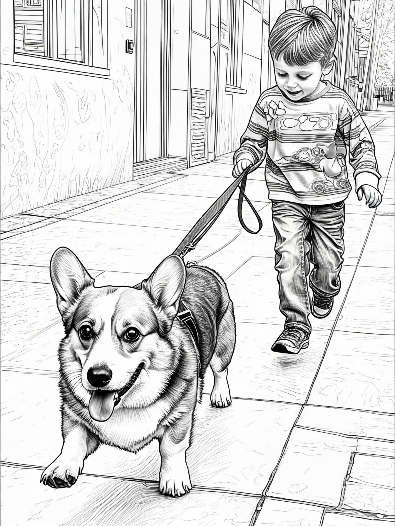 corgi pulling hard on a leash pulling a little boy on a walk on the sidewalk