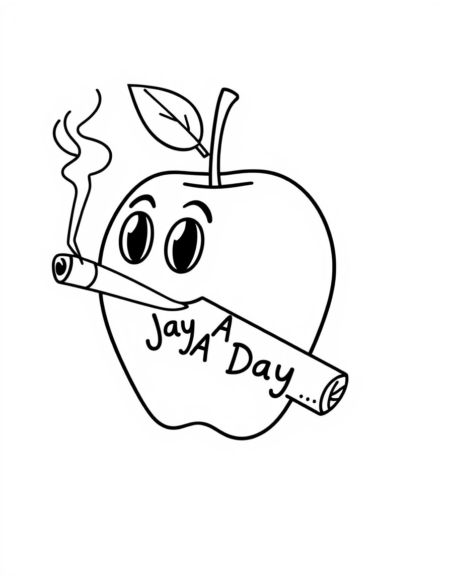 A cubby apple with lit a cigar in its mouth, the smoke coming from the cigar says "A Jay A Day..."