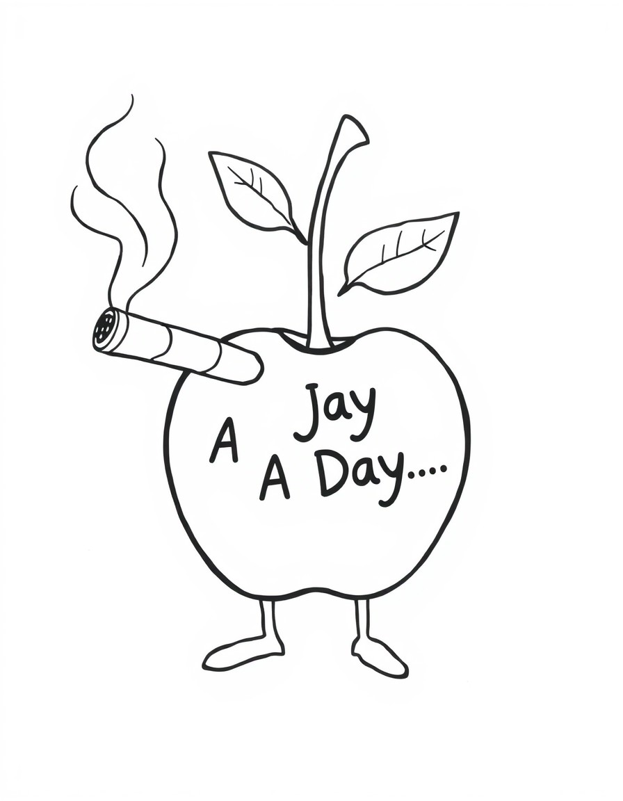 A cubby apple with lit a cigar in its mouth, the smoke coming from the cigar says "A Jay A Day..."