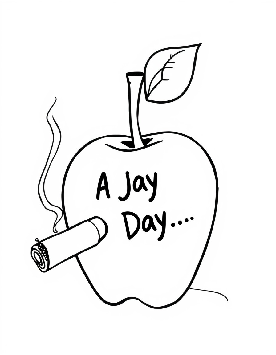 A cubby apple with lit a cigar in its mouth, the smoke coming from the cigar says "A Jay A Day..."