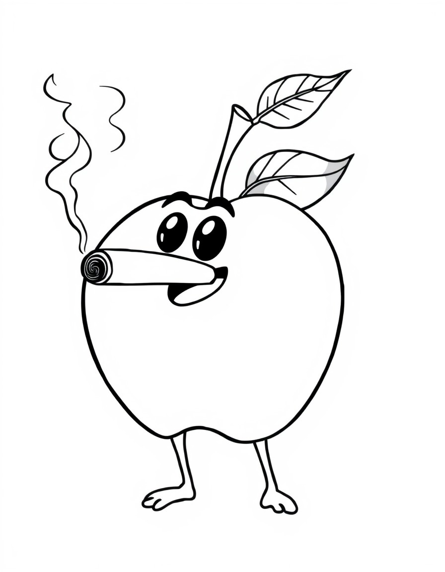 A cubby apple with lit a cigar in its mouth, the smoke coming from the cigar says "A Jay A Day..."