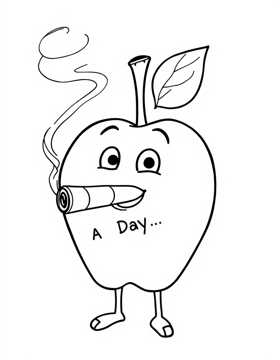 A cubby apple with lit a cigar in its mouth, the smoke coming from the cigar says "A Jay A Day..."