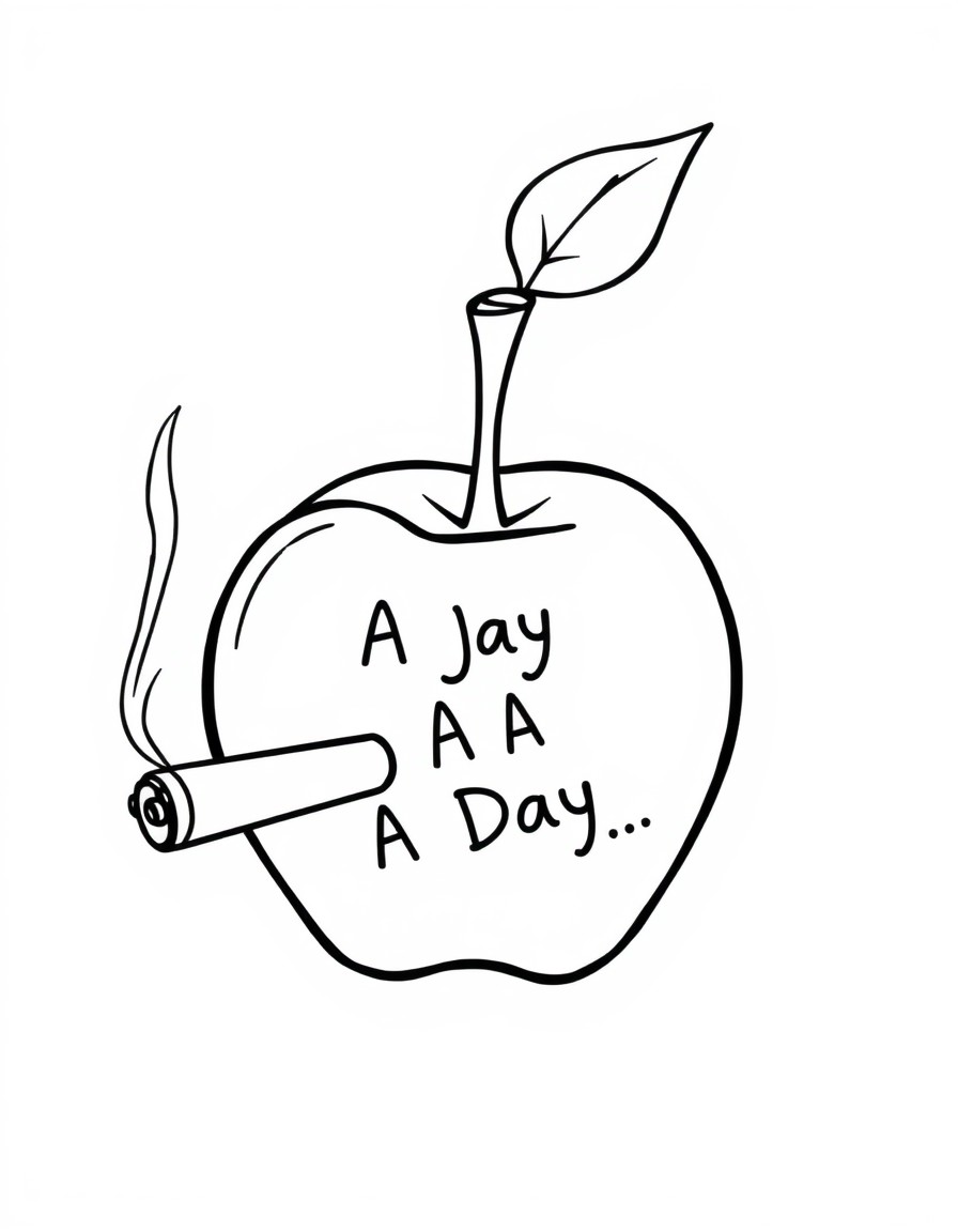 A cubby apple with lit a cigar in its mouth, the smoke coming from the cigar says "A Jay A Day..."