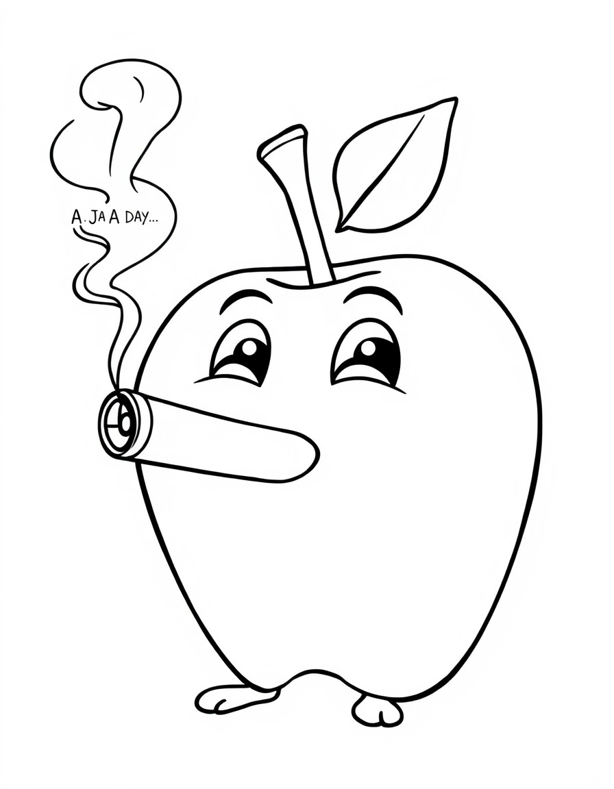 A cubby apple with lit a cigar in its mouth, the smoke coming from the cigar says "A Jay A Day..."