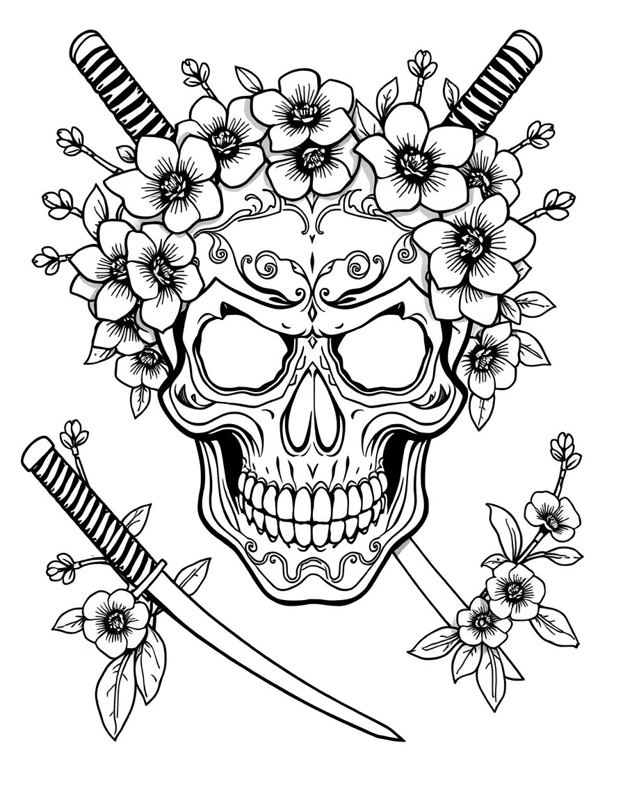 A sugar skull with cherry blossoms and katanas