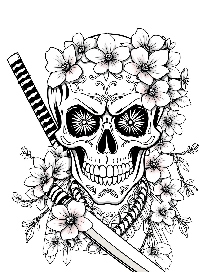 A sugar skull with cherry blossoms and katanas