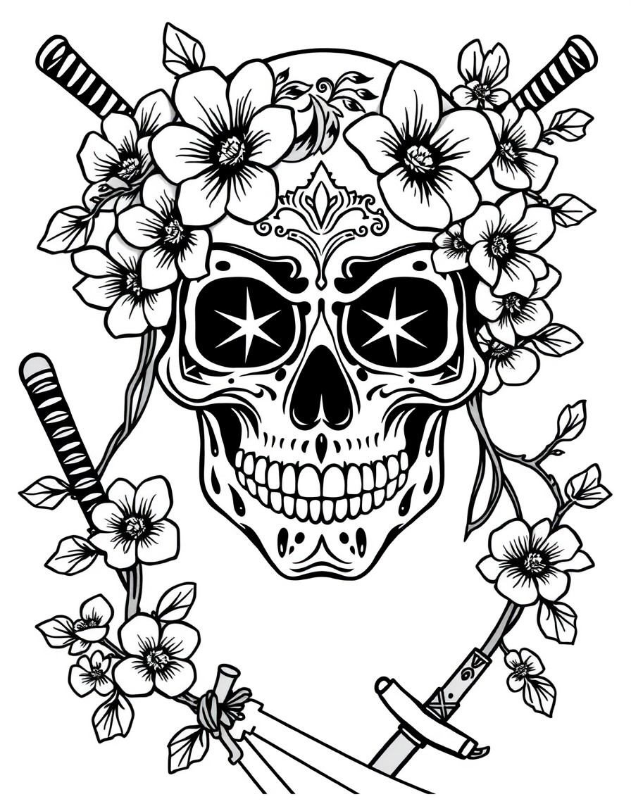 A sugar skull with cherry blossoms and katanas