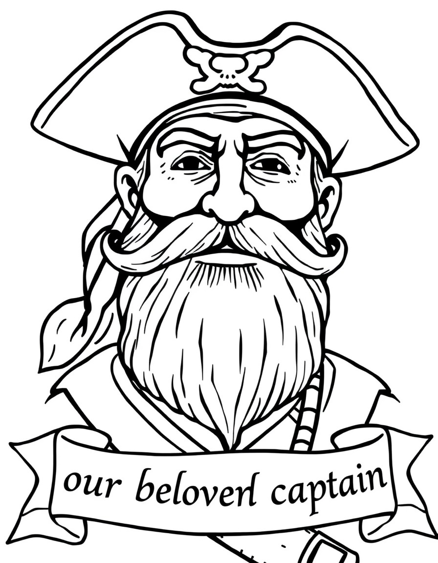 A pirate with a trimmed beard and mustache that curls and no hair.  Below the picture on a banner that says "our beloved captain"