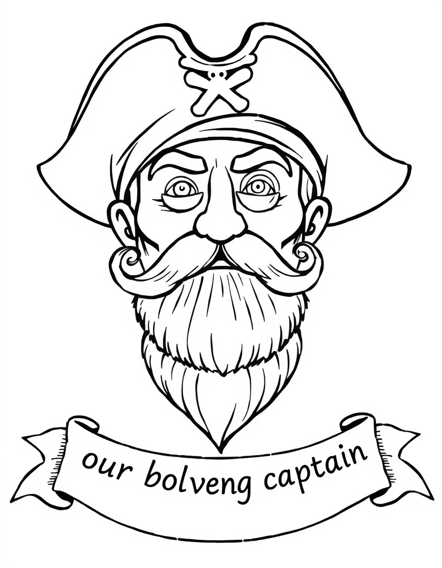 A pirate with a trimmed beard and mustache that curls and no hair.  Below the picture on a banner that says "our beloved captain"