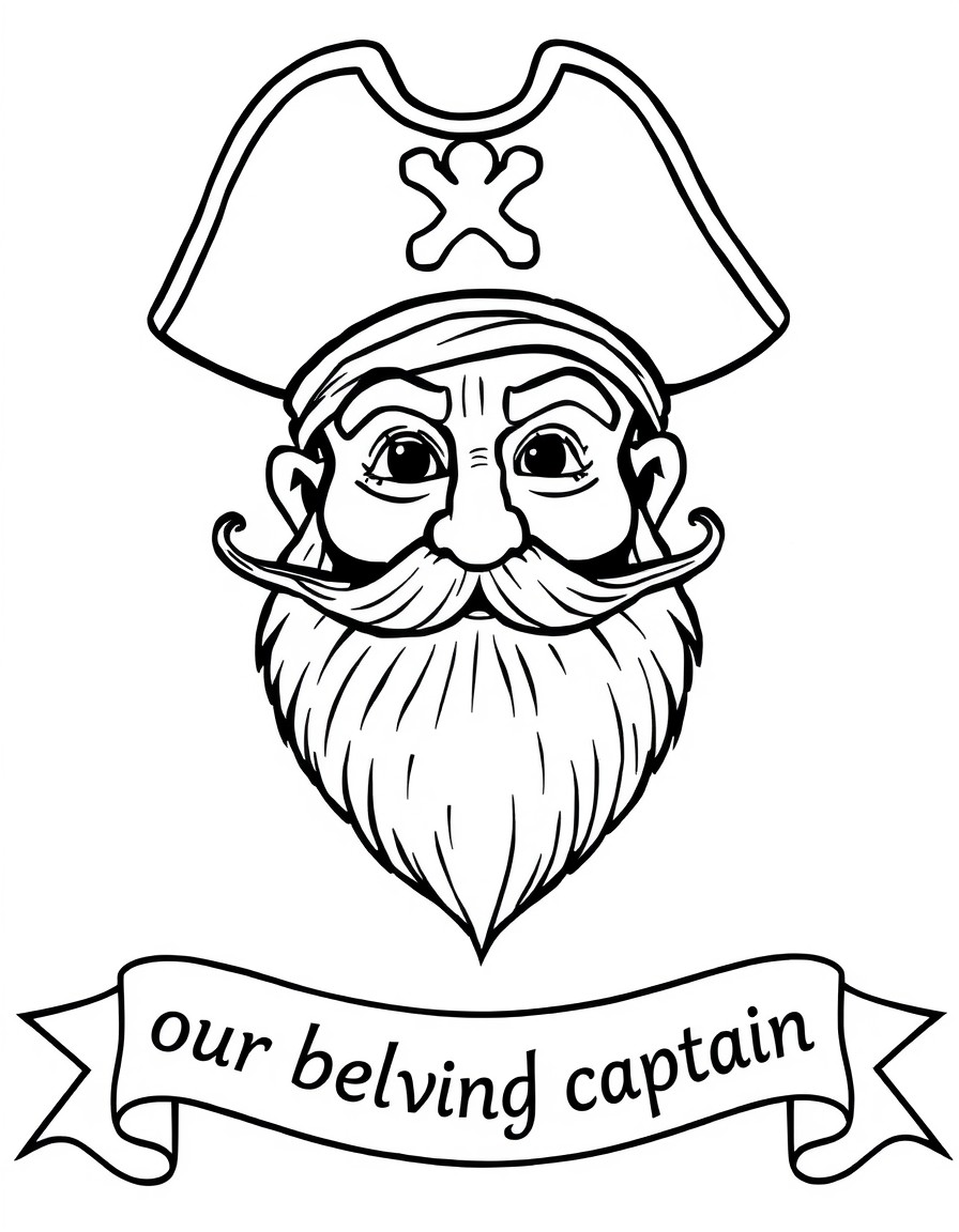 A pirate with a trimmed beard and mustache that curls and no hair.  Below the picture on a banner that says "our beloved captain"