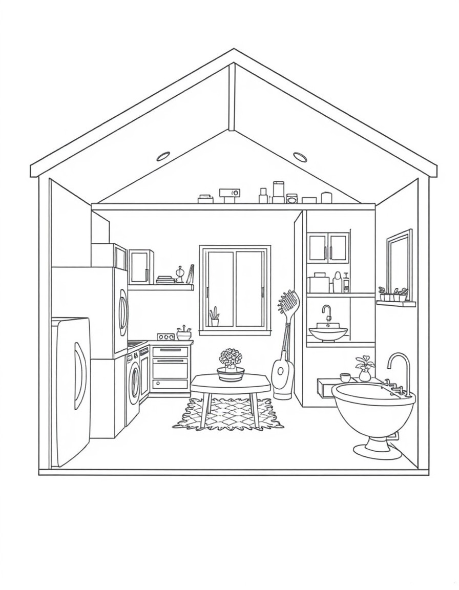 show the inside of a house separated into 7 rooms in no particular order laundry room, basement, kitchen, bedroom, living room, dining room, garage, bathroom