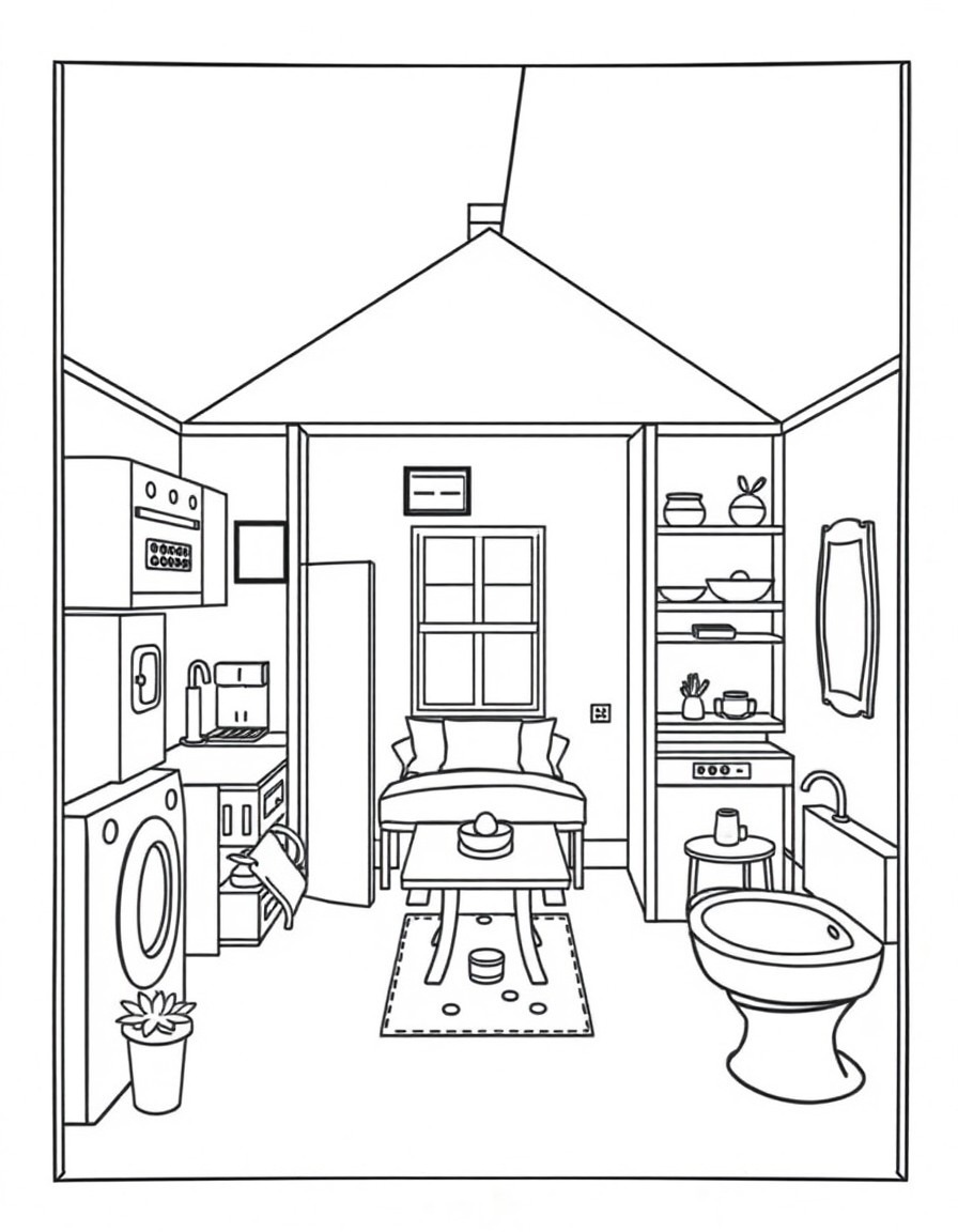 show the inside of a house separated into 7 rooms in no particular order laundry room, basement, kitchen, bedroom, living room, dining room, garage, bathroom