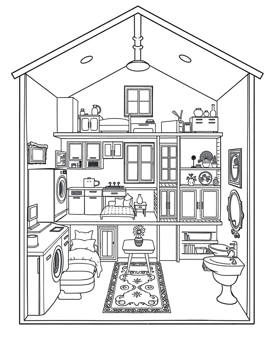 show the inside of a house separated into 7 rooms in no particular order laundry room, basement, kitchen, bedroom, living room, dining room, garage, bathroom