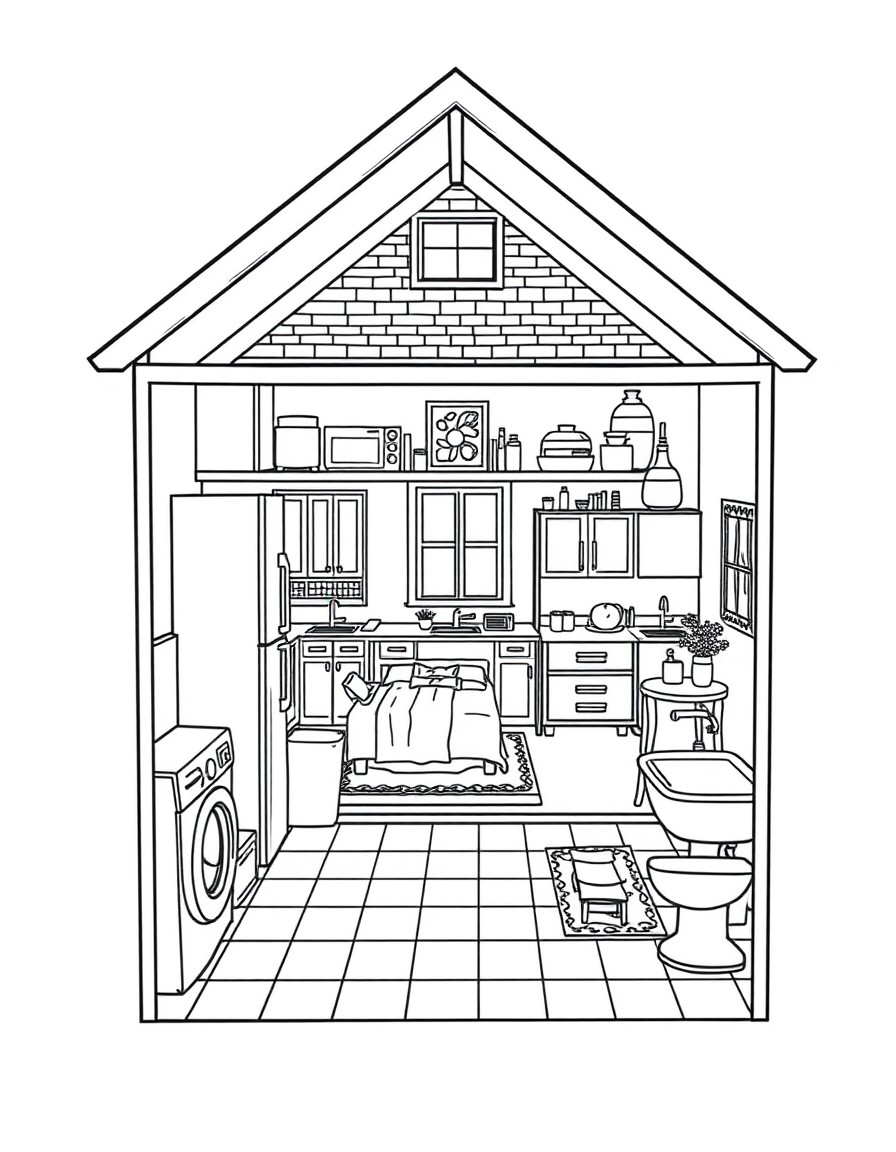 show the inside of a house separated into 7 rooms in no particular order laundry room, basement, kitchen, bedroom, living room, dining room, garage, bathroom