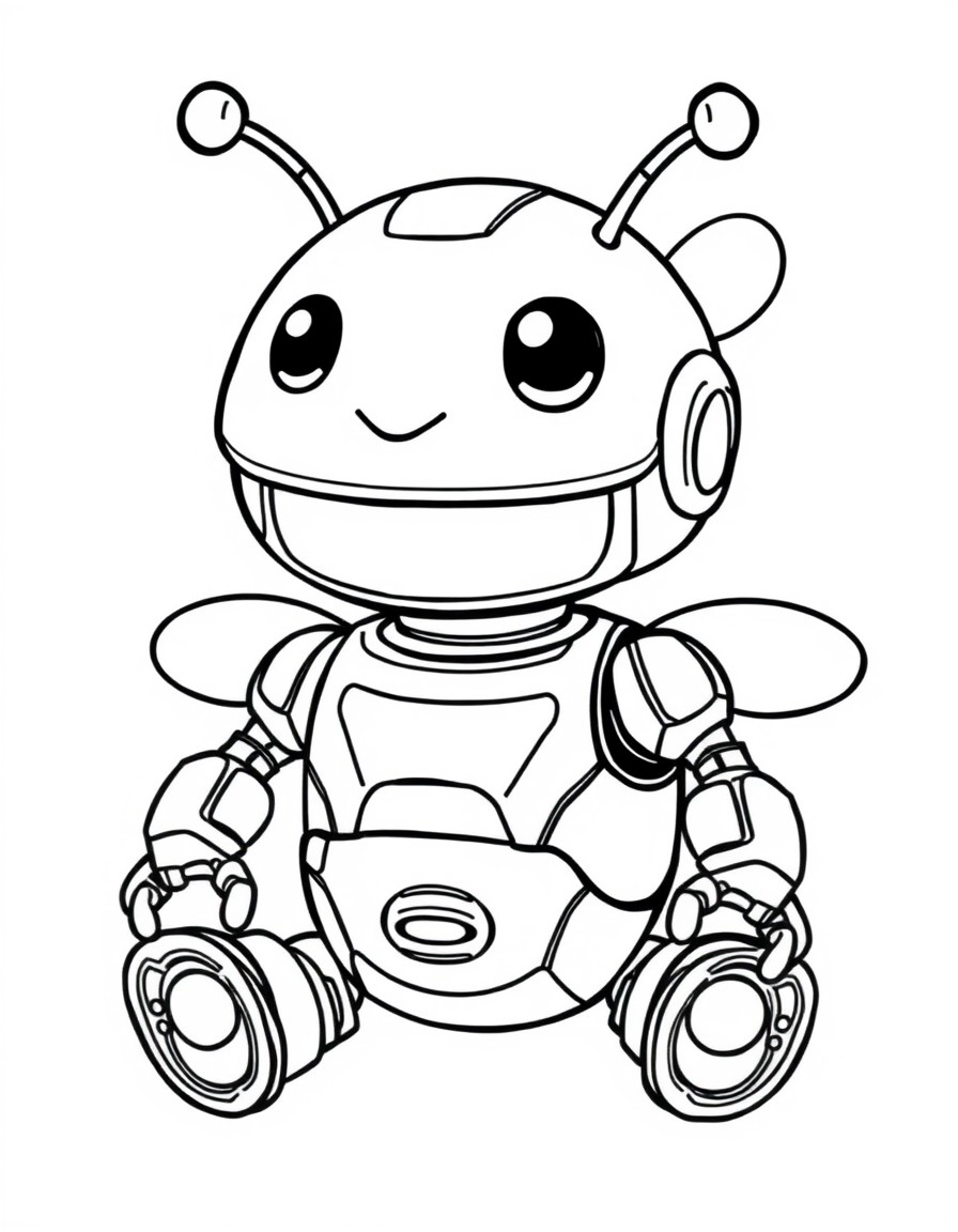 Create a line art illustration of cute baby bee robot  in Kawaii style. Use clean, simple lines in vector format, black and white, suitable for coloring, ensuring no shading, grayscale, or dithering.