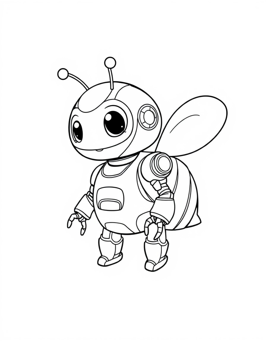 Create a line art illustration of cute baby bee robot  in Kawaii style. Use clean, simple lines in vector format, black and white, suitable for coloring, ensuring no shading, grayscale, or dithering.