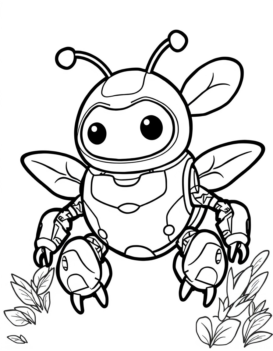 Create a line art illustration of cute baby bee robot  in Kawaii style. Use clean, simple lines in vector format, black and white, suitable for coloring, ensuring no shading, grayscale, or dithering.