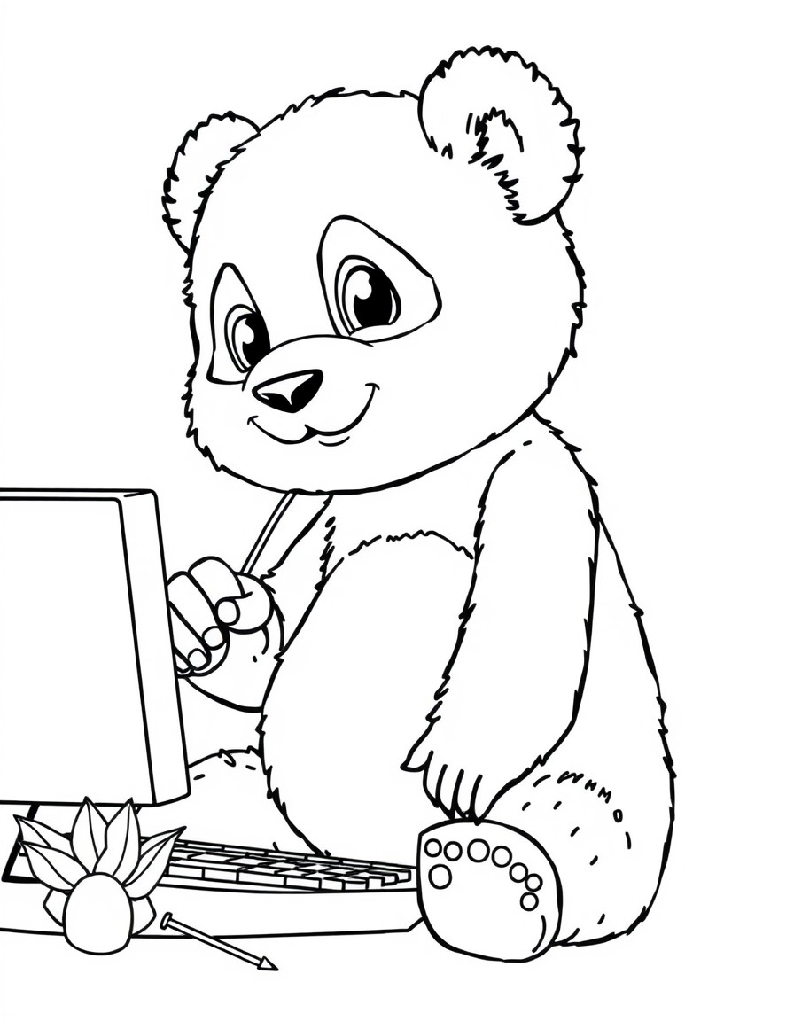 desenha uma menina a mexer num computador do panda