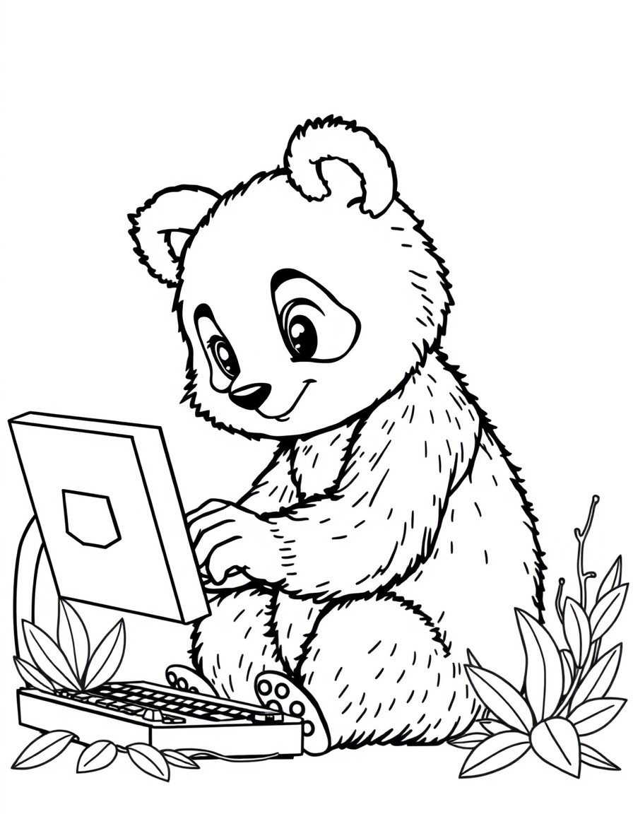 desenha uma menina a mexer num computador do panda