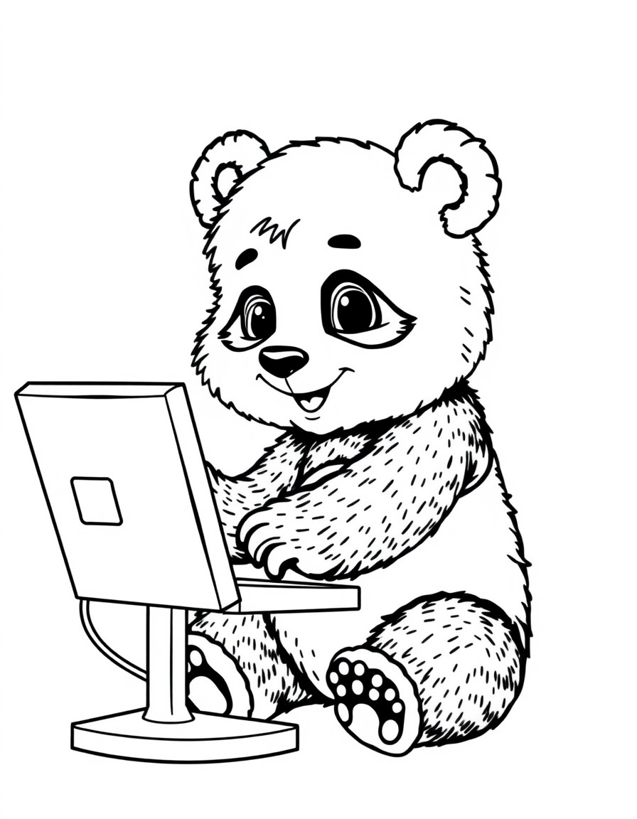 desenha uma menina a mexer num computador do panda
