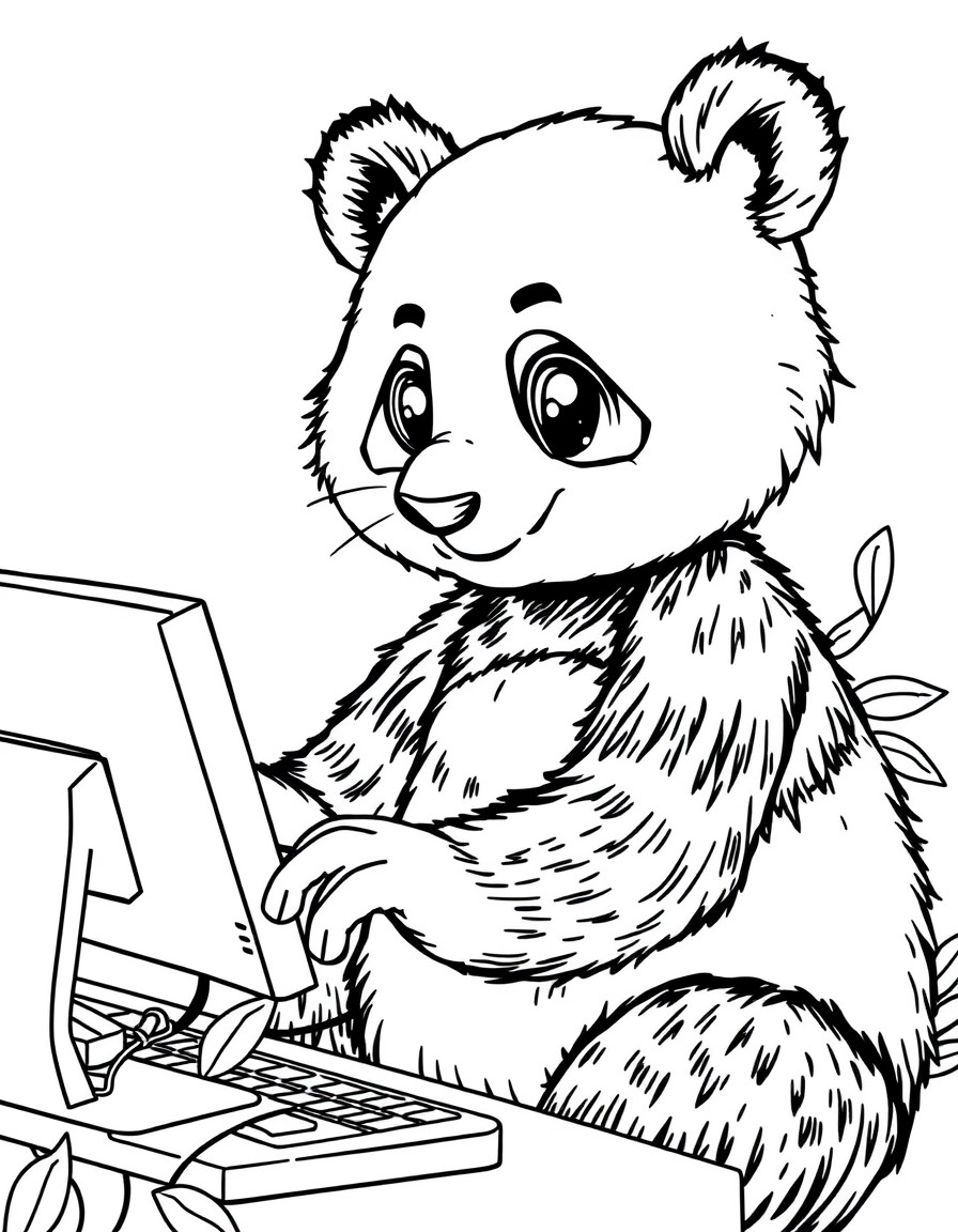 desenha uma menina a mexer num computador do panda