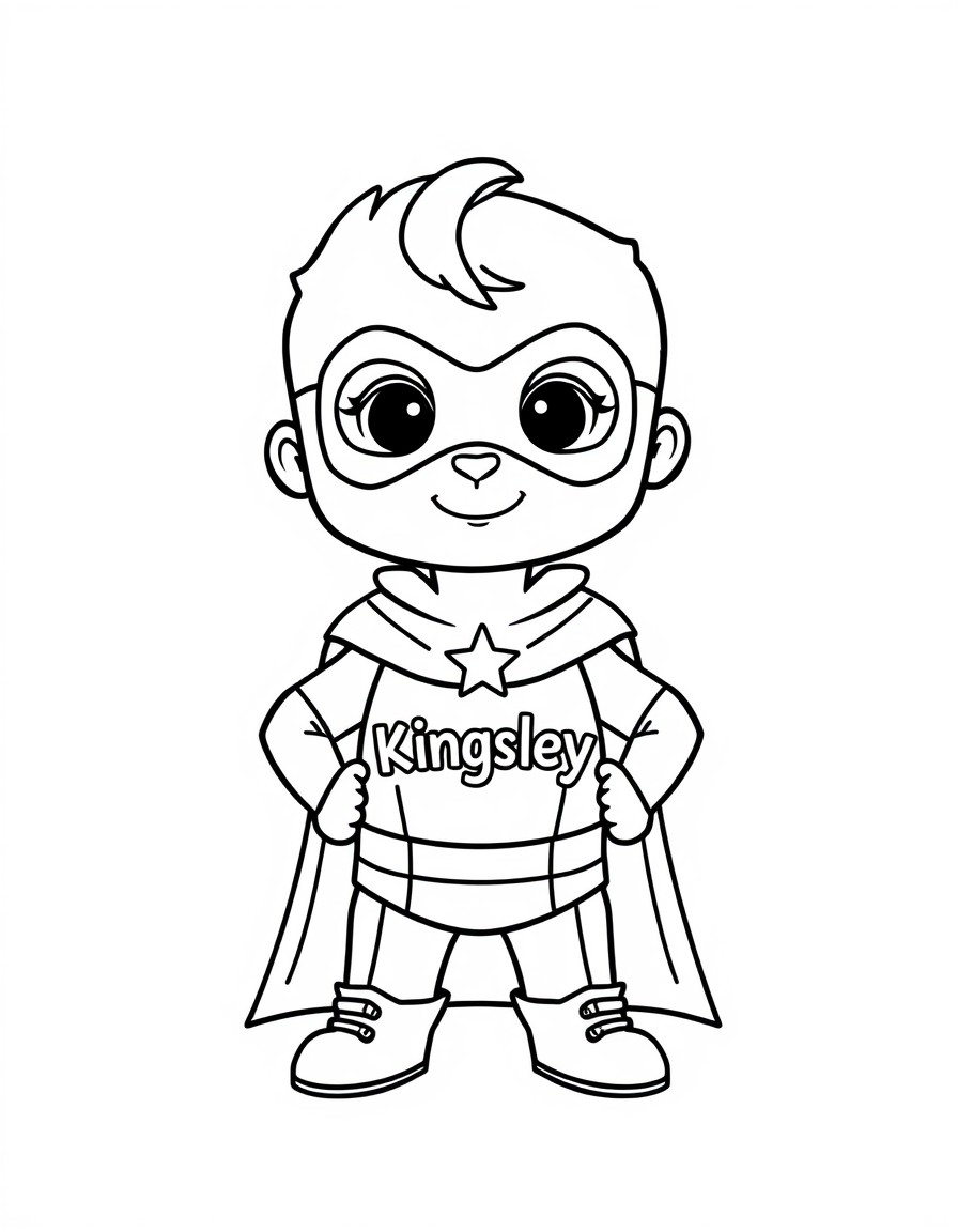 A cute tiny superhero with the word Kingsley on his chest